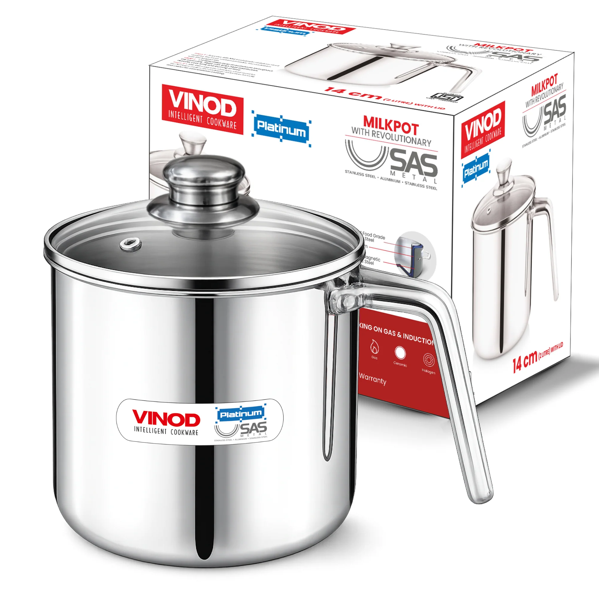Vinod Platinum Triply Milk Pot 2 Litre - 14 cm with Glass Lid - Image 8