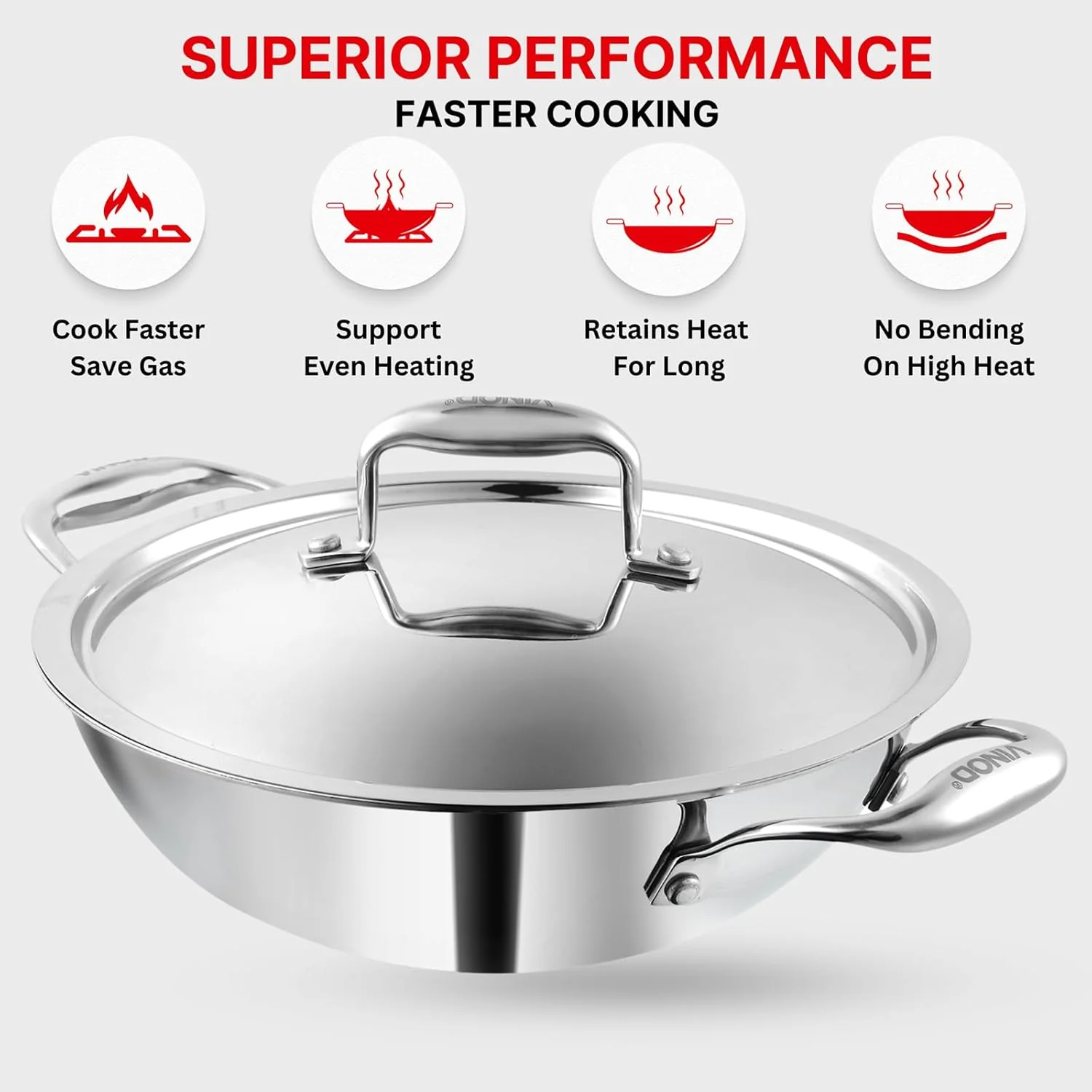 Vinod Platinum Triply Stainless Steel Extra Deep Kadai with Lid - Image 4