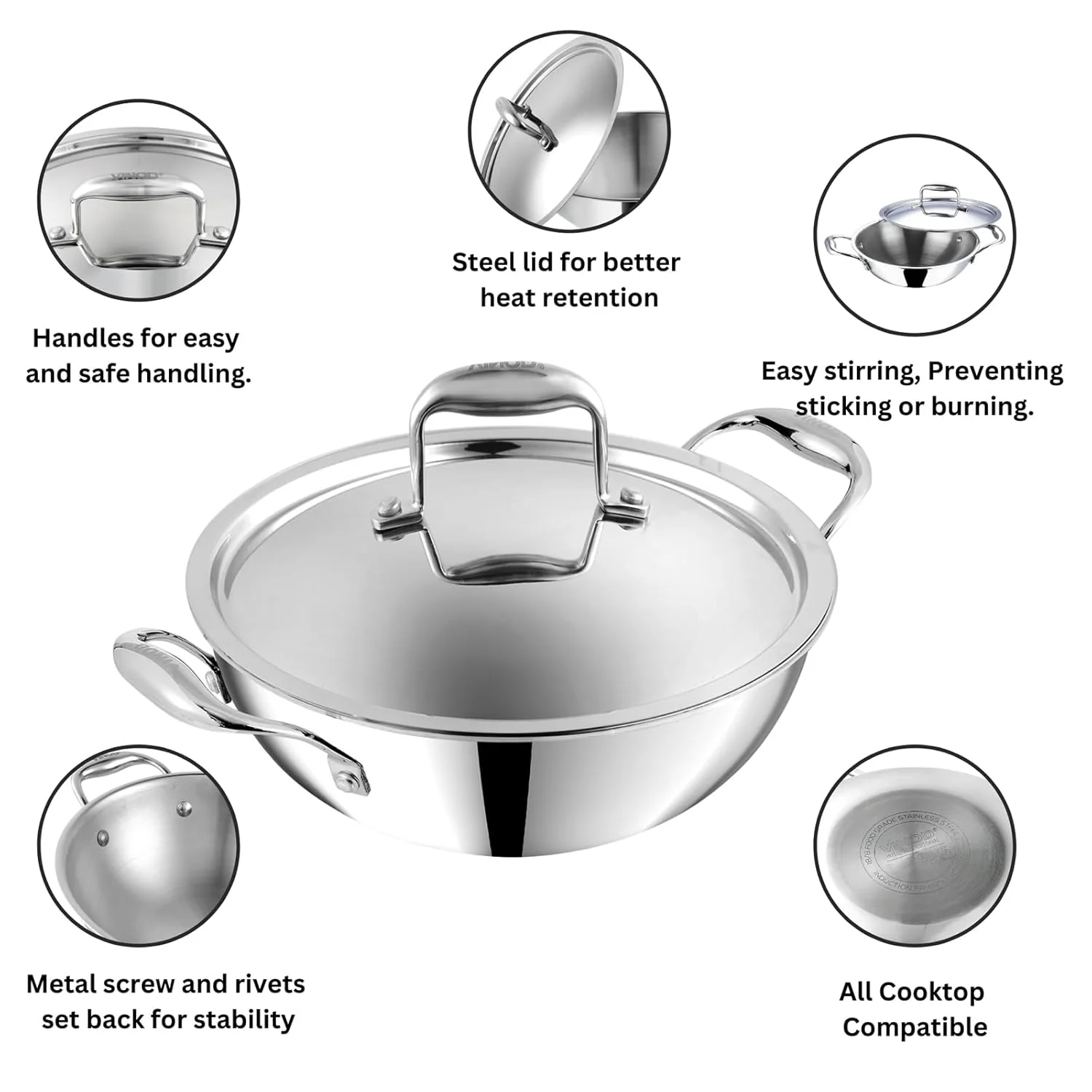 Vinod Platinum Triply Stainless Steel Extra Deep Kadai with Lid - Image 6