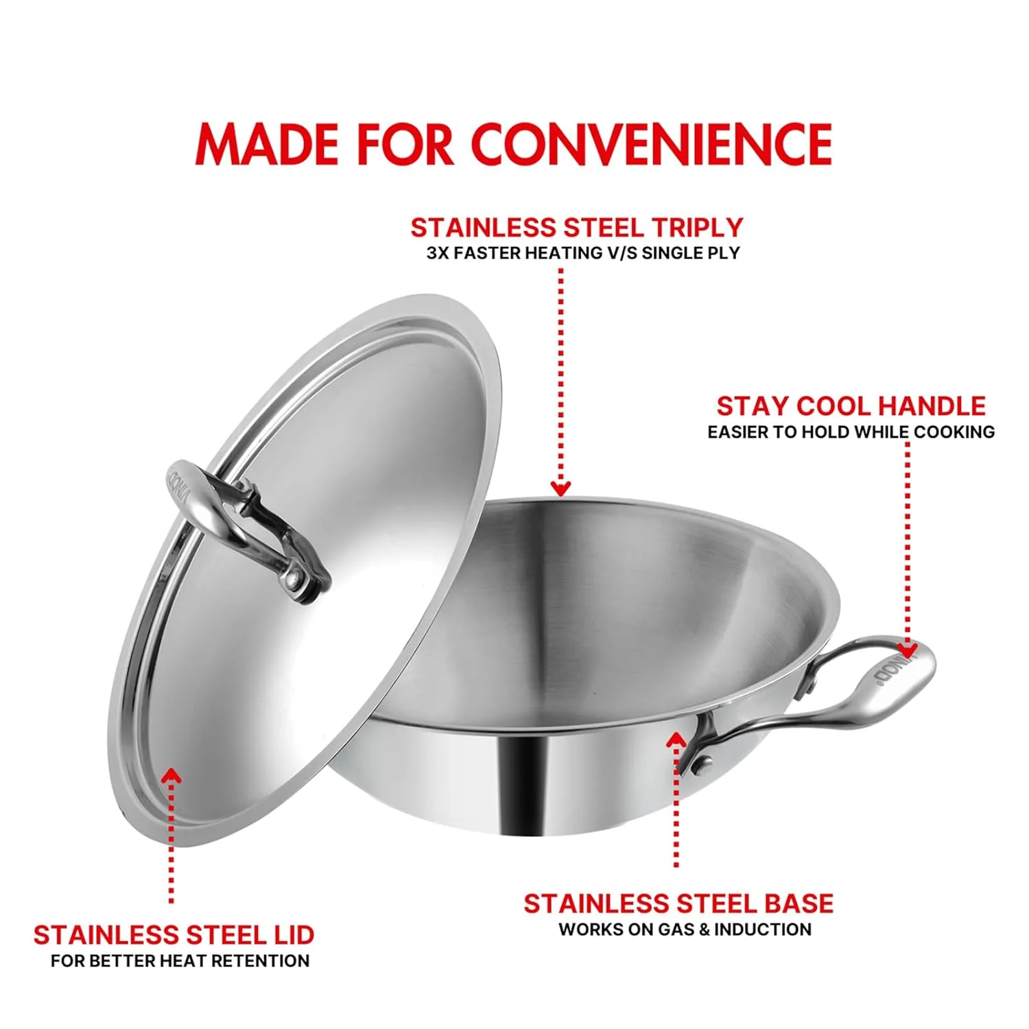 Vinod Platinum Triply Stainless Steel Extra Deep Kadai with Lid - Image 7
