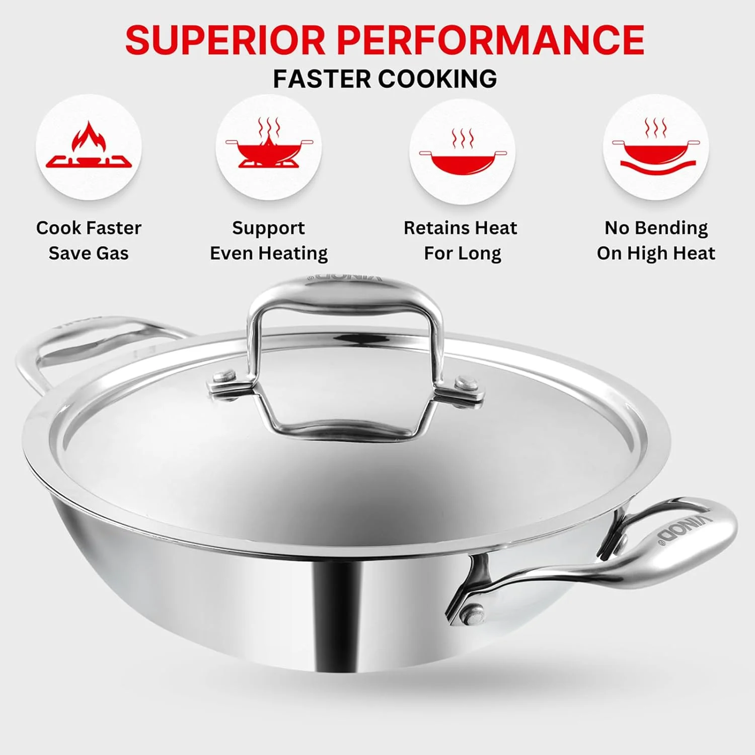 Vinod Platinum Triply Stainless Steel Kadai with Lid (Induction Friendly) - Image 4