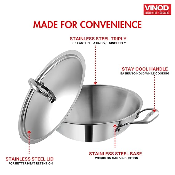 Vinod Platinum Triply Stainless Steel Kadai with Lid (Induction Friendly) - Image 5
