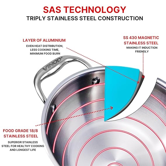 Vinod Platinum Triply Stainless Steel Kadai with Lid (Induction Friendly) - Image 6